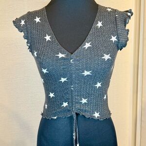 Antistar Gray Star Print Waffle Knit Ruched Tie Front Crop Top | NWT | Small